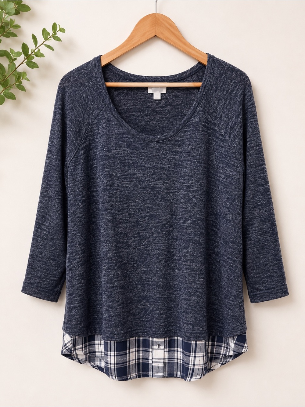 Avenue 90s Navy Heathered Knit Top with Plaid Hem